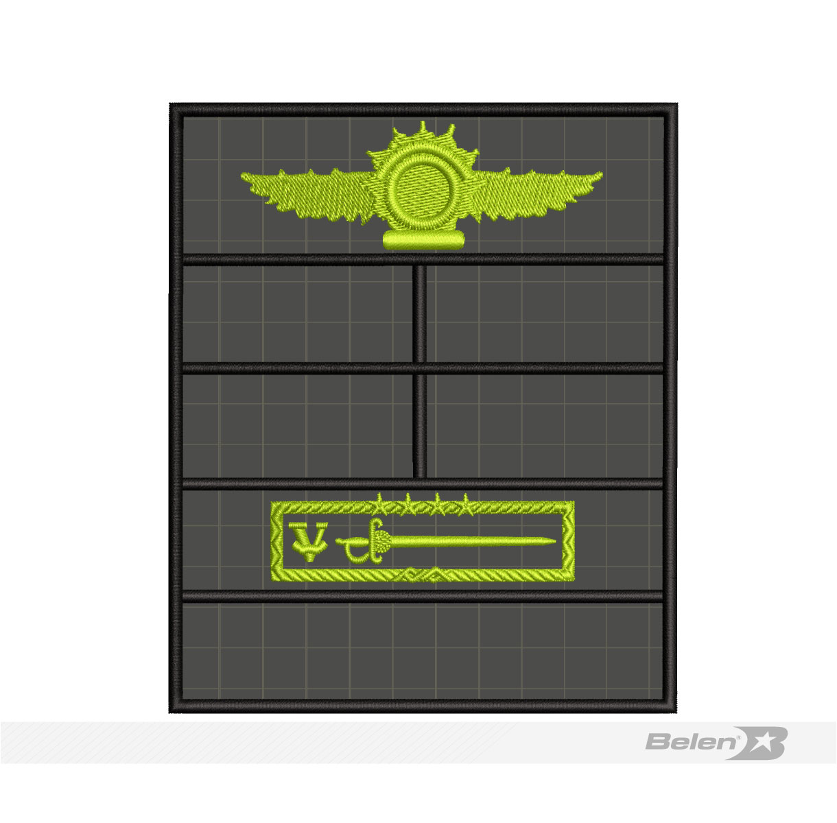 Persiana-tablero grado, parche bordado apellido, 4 distintivos, CPV y ala